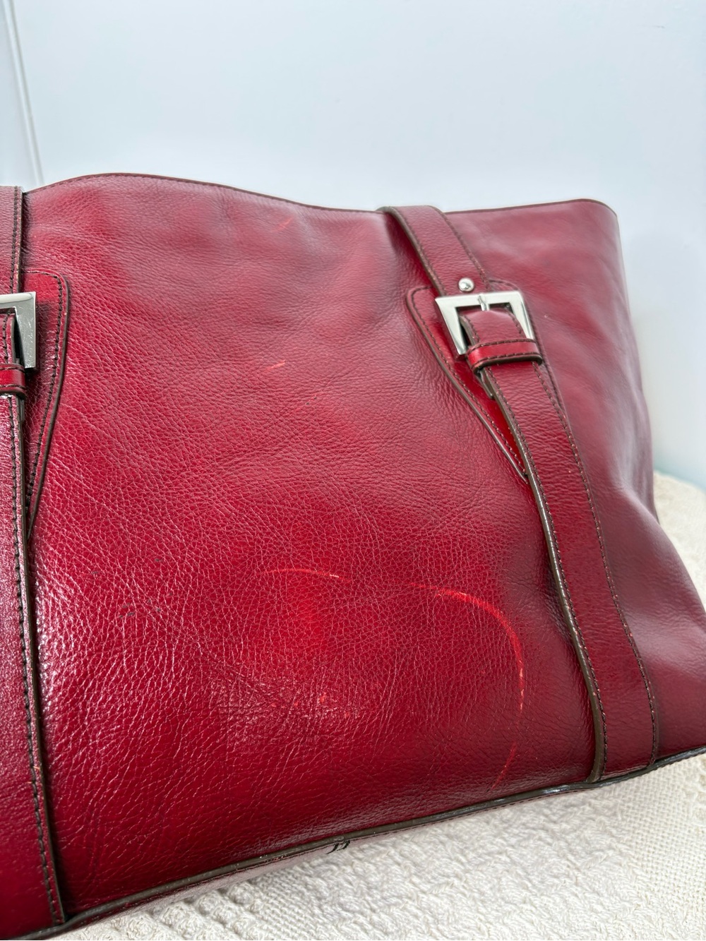 Y2K Vintage Etienne Aigner Red Large Pebble Leather Top-Zip Tote Bag - Picture 8 of 11